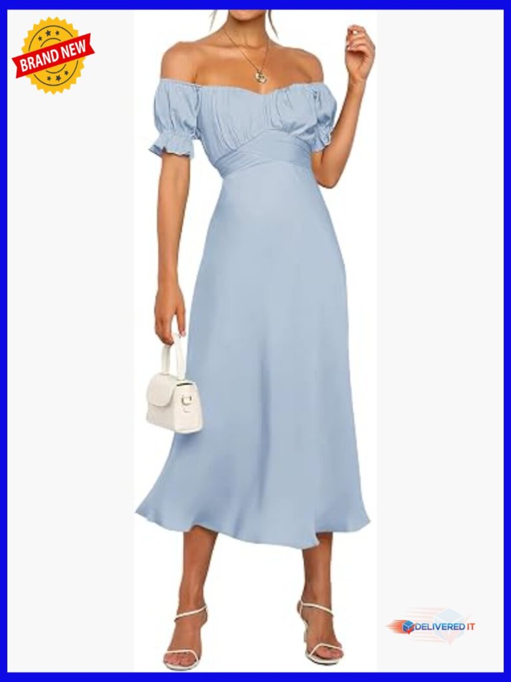 Off Shoulder Satin Midi Wedding Guest Dress